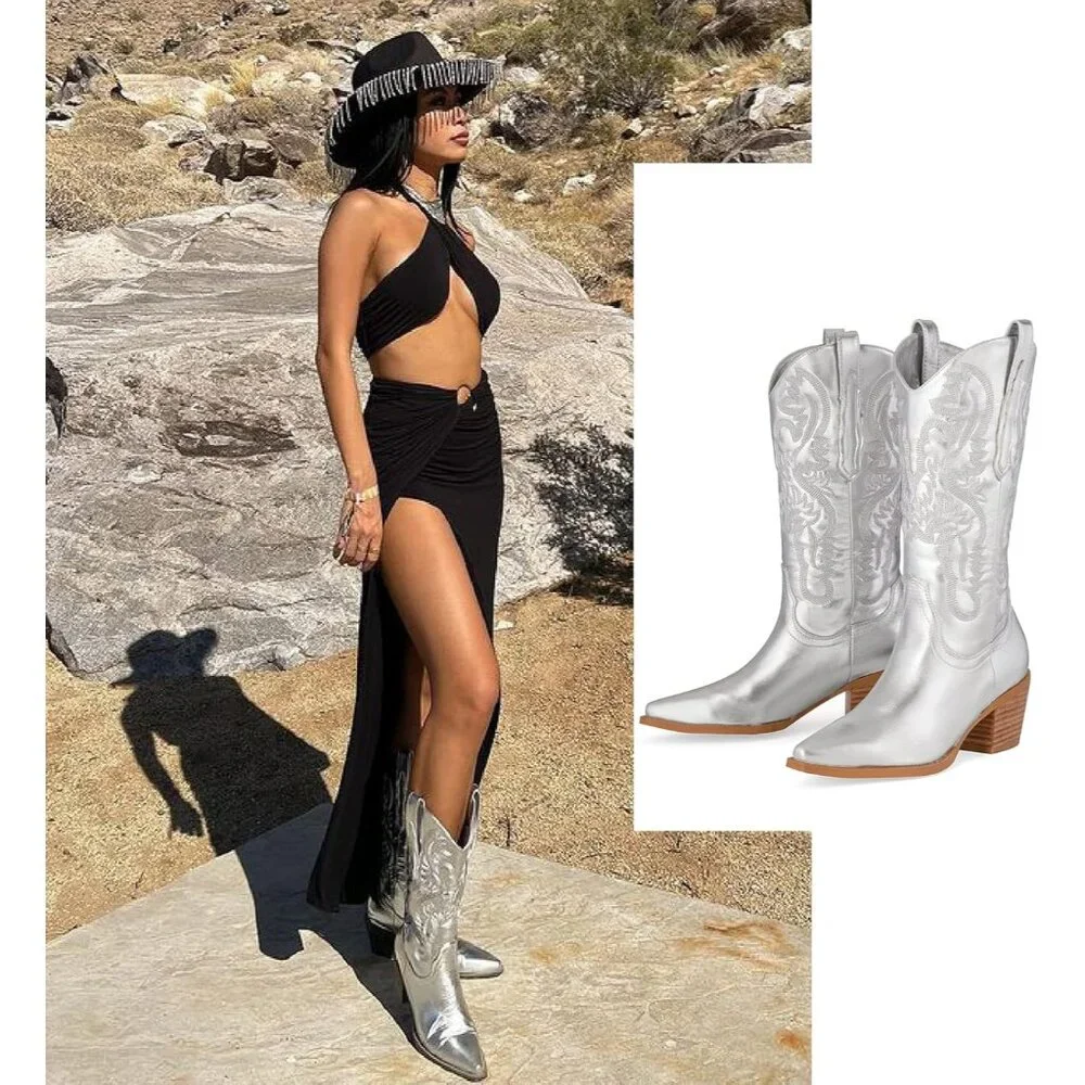 ✨ Women's Silver Cowgirl Embroidered Cowboy Chunky Block Heel Western Boots